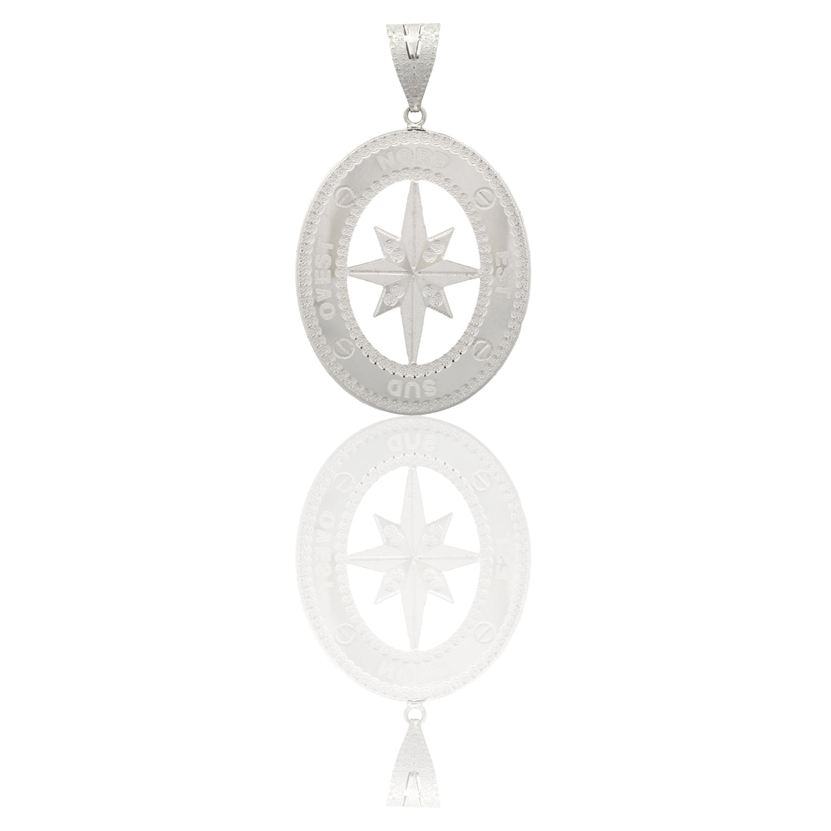 Ciondolo Oro Bianco Oro 18 carati Quadrato Traforato Con Rosa Dei Venti Ovale Solo Oro cm.7x4,5