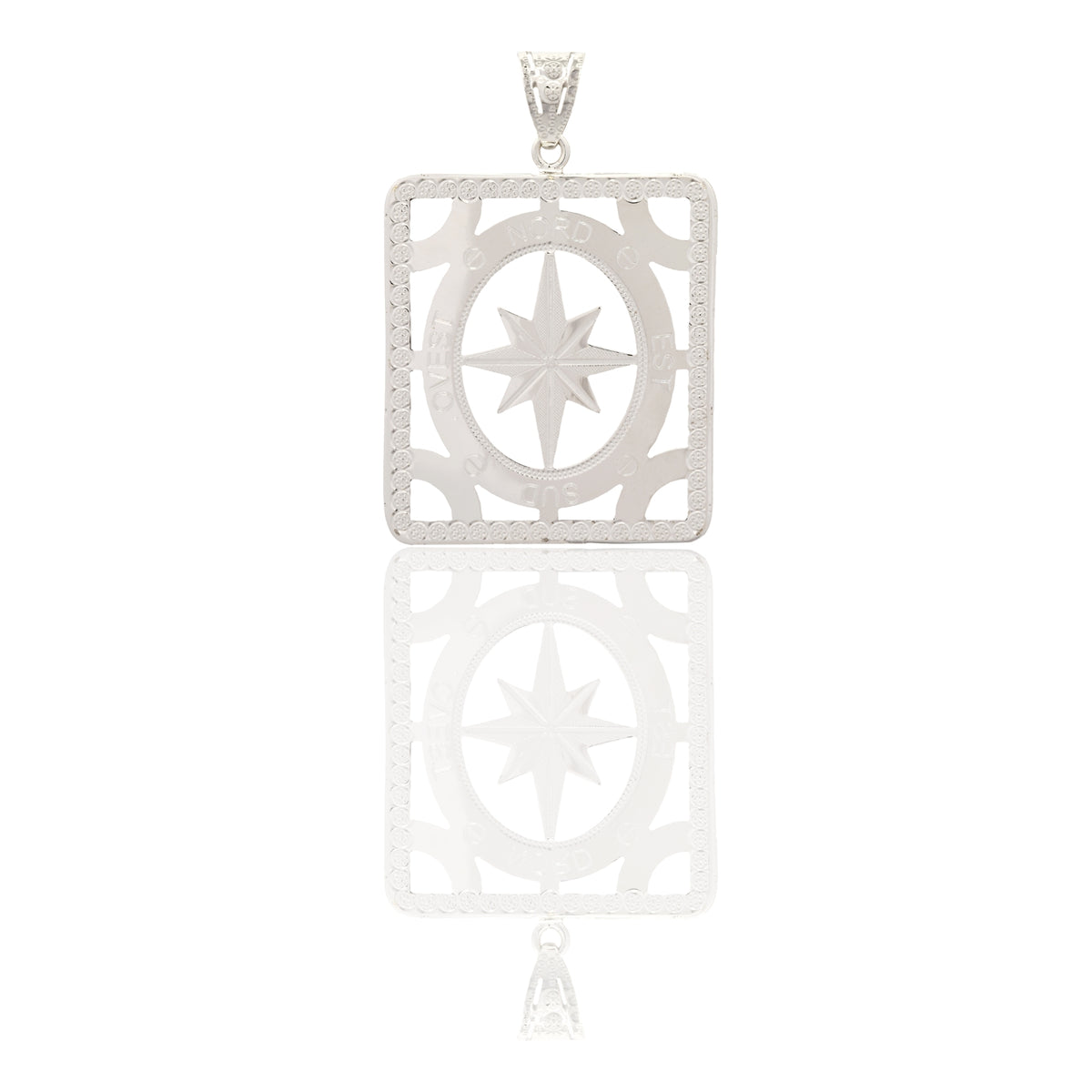 Ciondolo Oro Bianco Oro 18 carati Quadrato Traforato Con Rosa Dei Venti Ovale Solo Oro cm.4,5x3