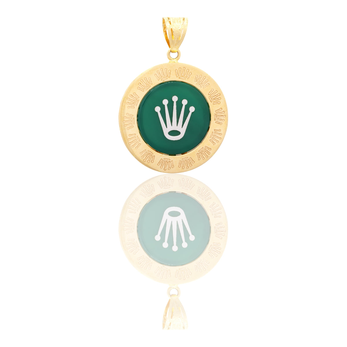 Ciondolo Oro Giallo Oro 18 carati Corona Bianca Contorno Diamantato Pietra Verde