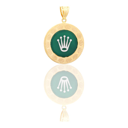 Ciondolo Oro Giallo Oro 18 carati Corona Bianca Contorno Diamantato Pietra Verde