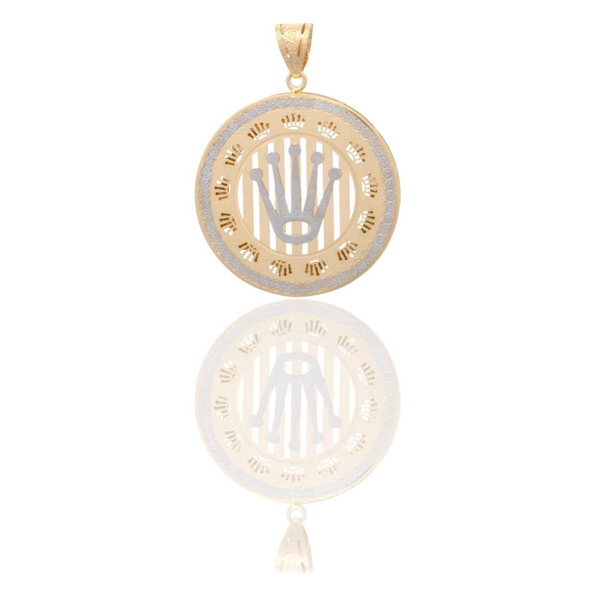 Ciondolo Oro Giallo Oro Bianco Oro 18 carati Tondo Fondo Rigato Corona Laser Contorno Diamantato E Greca Solo Oro cm.5,0