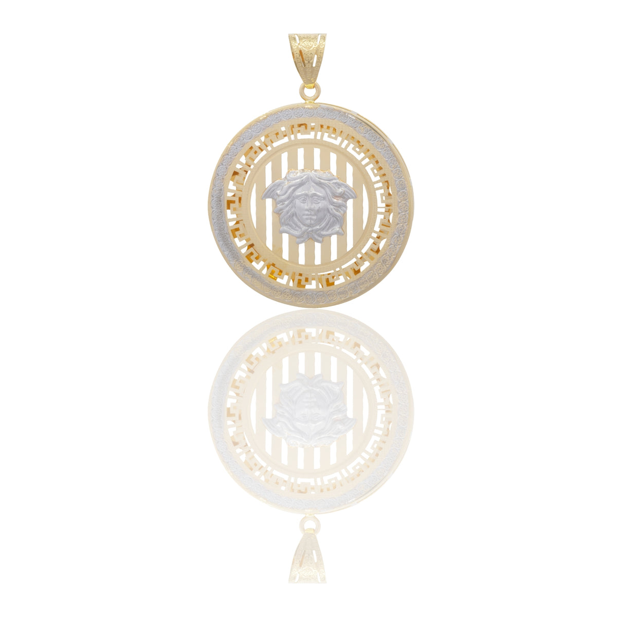 Ciondolo Oro Giallo Oro Bianco Oro 18 carati Tondo Fondo Rigato Medusa Laser Contorno Diamantato E Greca Solo Oro cm.4,5