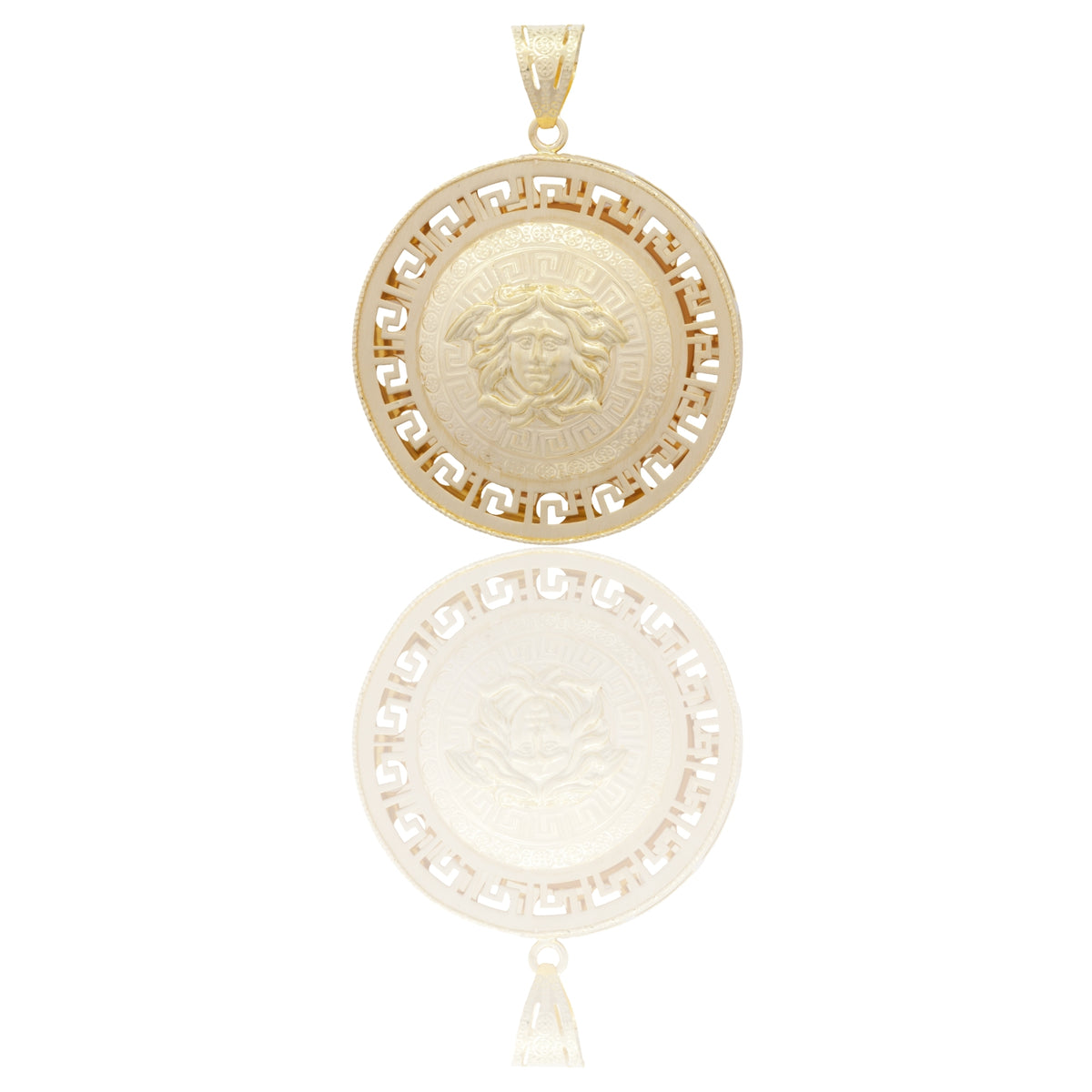 Ciondolo Oro Giallo Oro 18 carati Medusa Tondo Bombato Greca Traforata Solo Oro cm.4,5