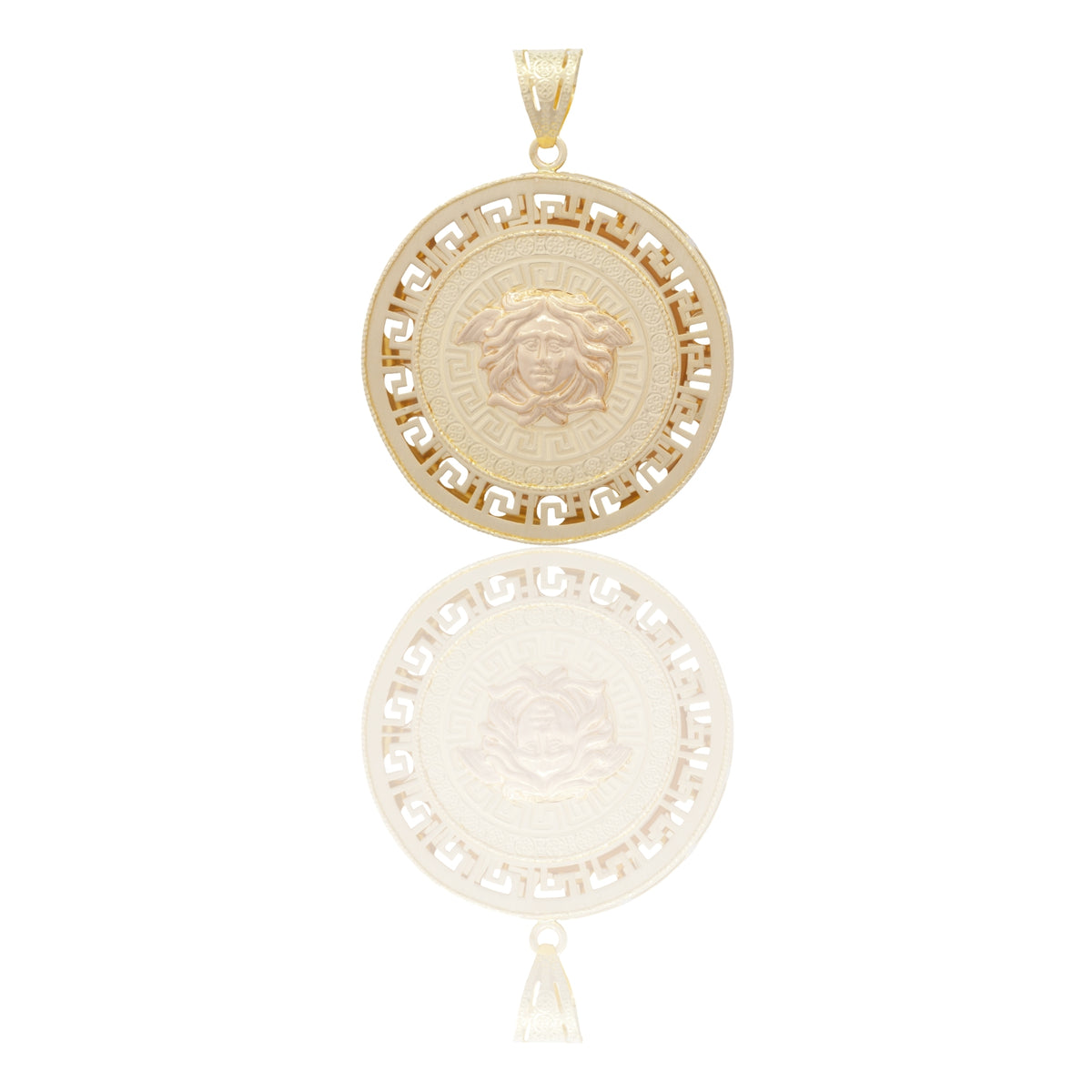 Ciondolo Oro Giallo Oro 18 carati Tondo Medusa Centrale Contorno Greca Solo Oro cm.4,5