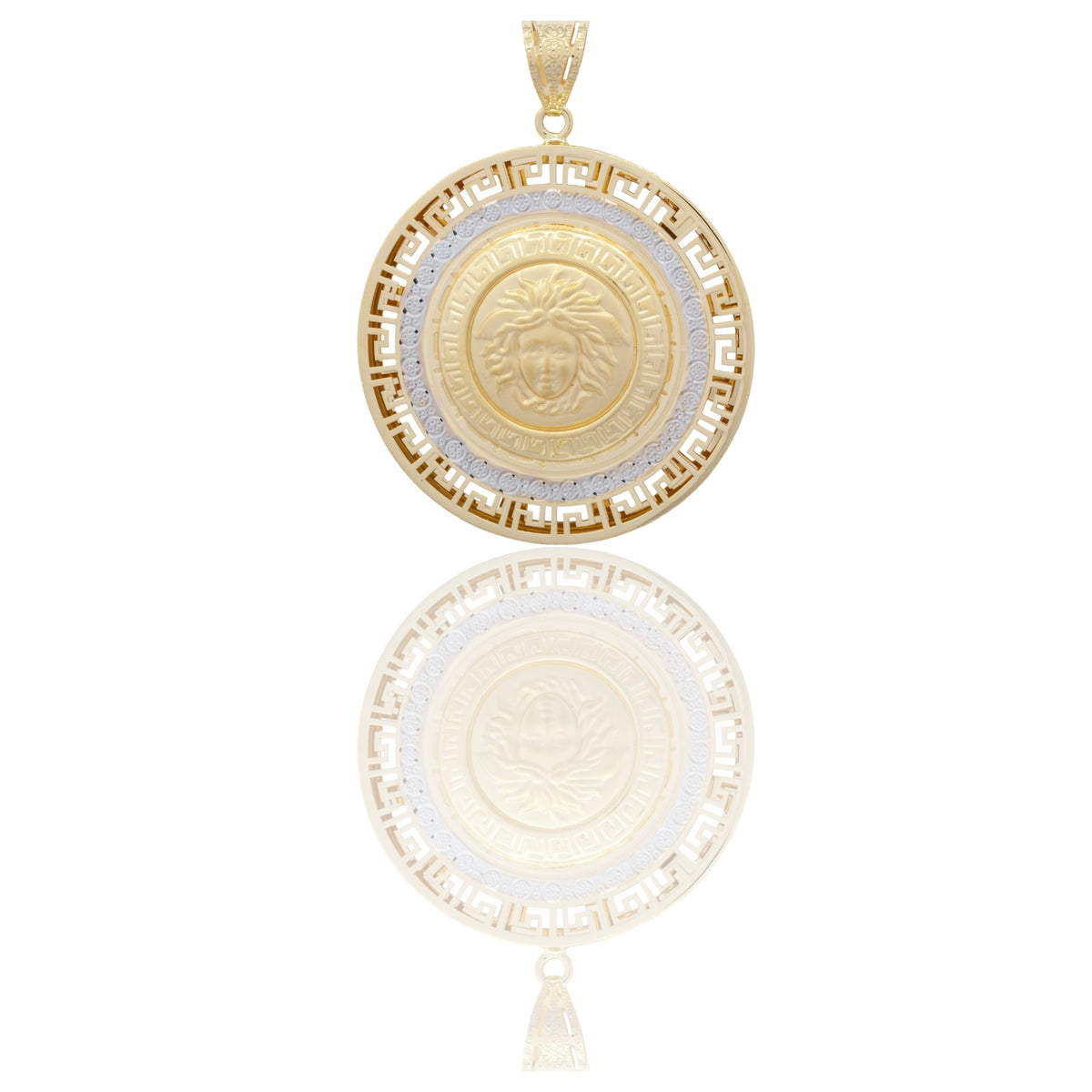 Ciondolo Oro Giallo Oro Bianco Oro 18 carati Tondo Con Medusa E Greca Solo Oro cm.5