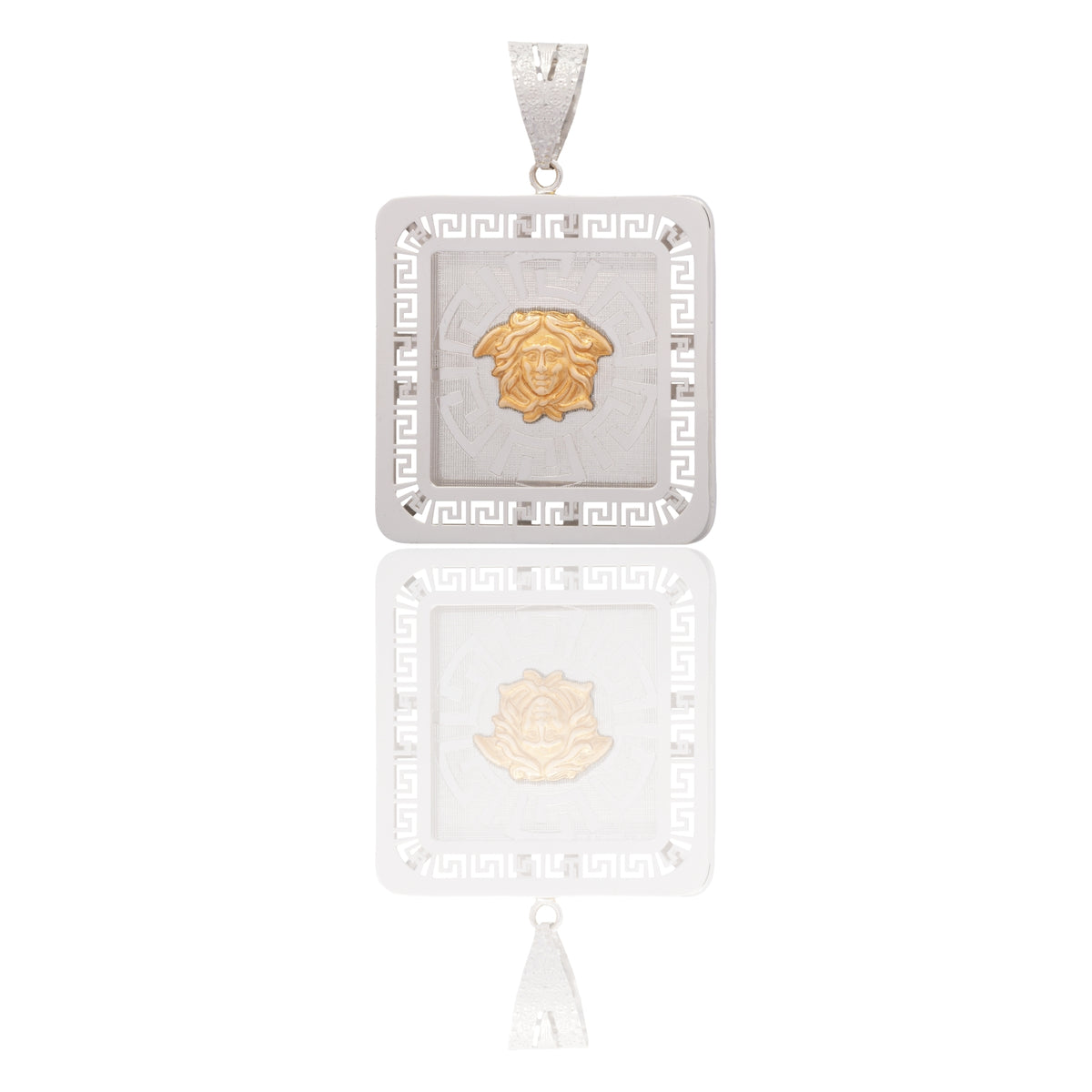 Ciondolo Oro Bianco, Oro Giallo Oro 18 carati Quadrato Con Meduse E Greca Solo Oro cm.5,5x4
