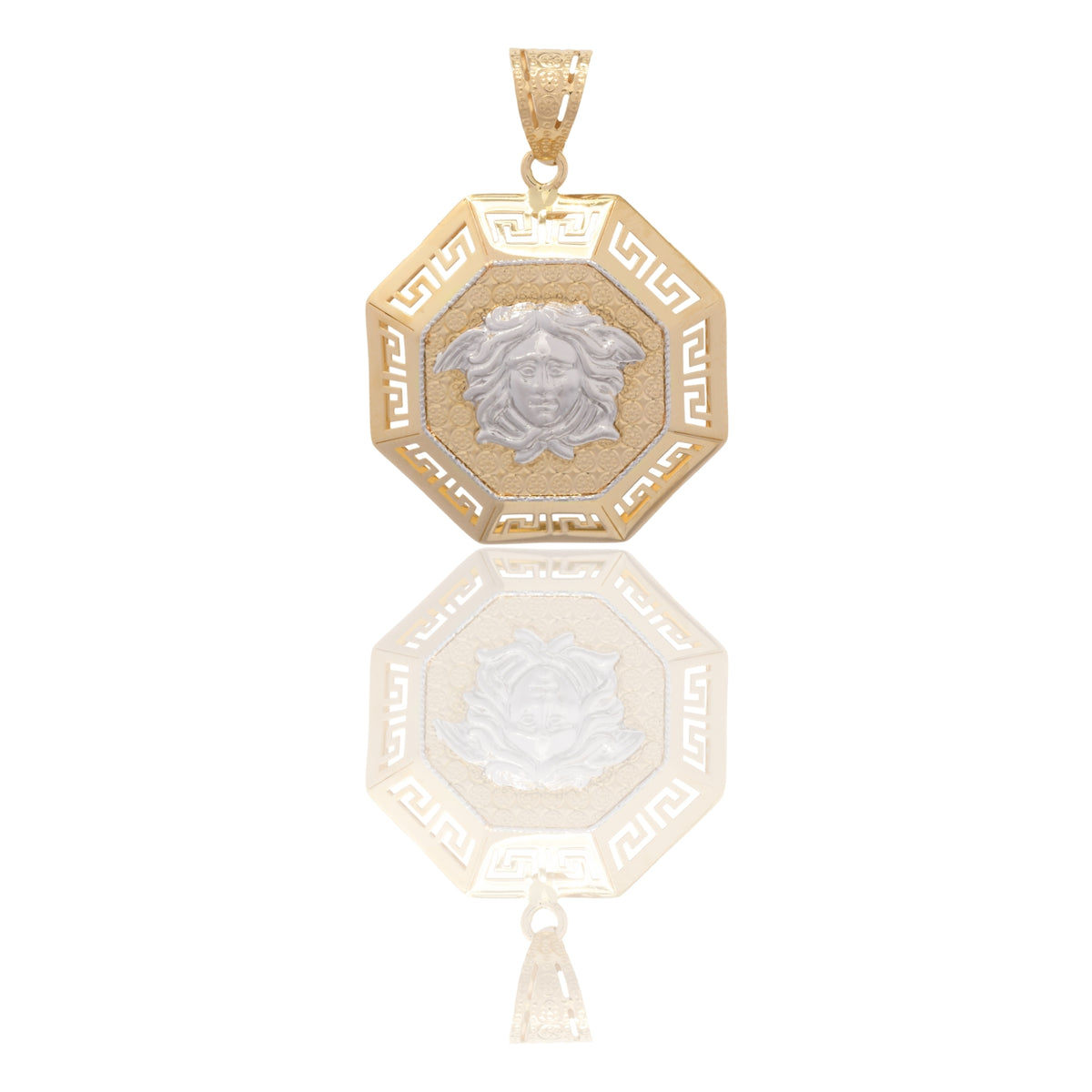 Ciondolo Oro Giallo Oro Bianco Oro 18 carati Ottagono Con Medusa E Greca Solo Oro cm.4,0