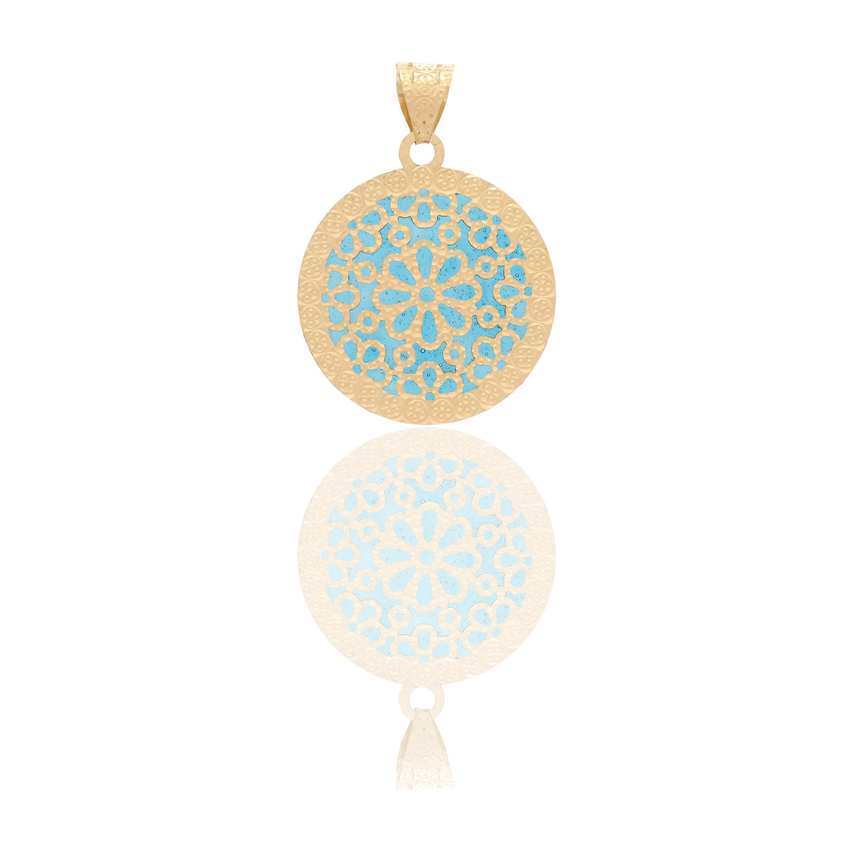 Ciondoli Oro Giallo Oro 18 carati Tondo con fiori Smalto blu 3cm x 2,2cm