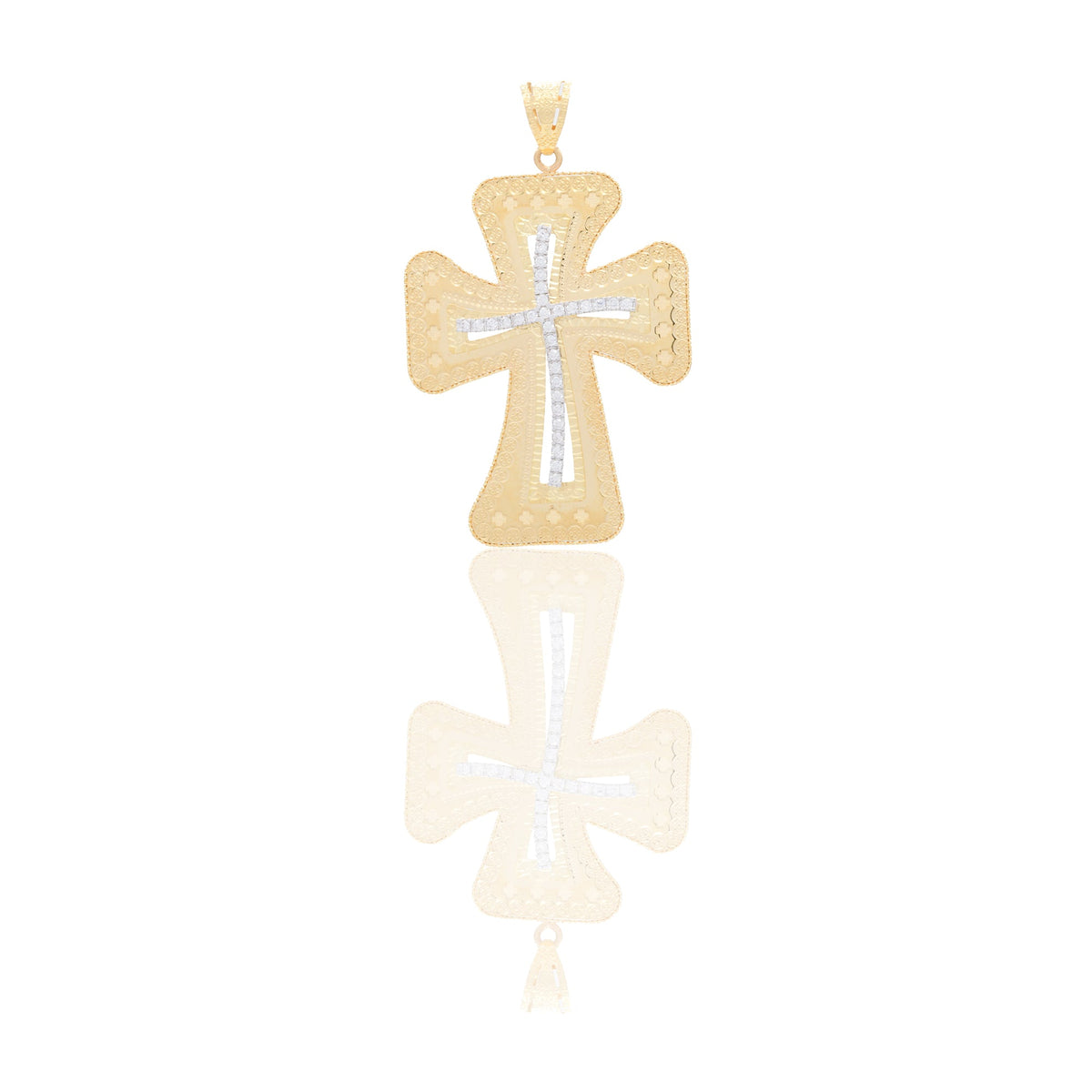 Ciondoli Oro Giallo Oro 18 carati Croce lavorata Zirconi Bianchi 6cm x 3,8cm