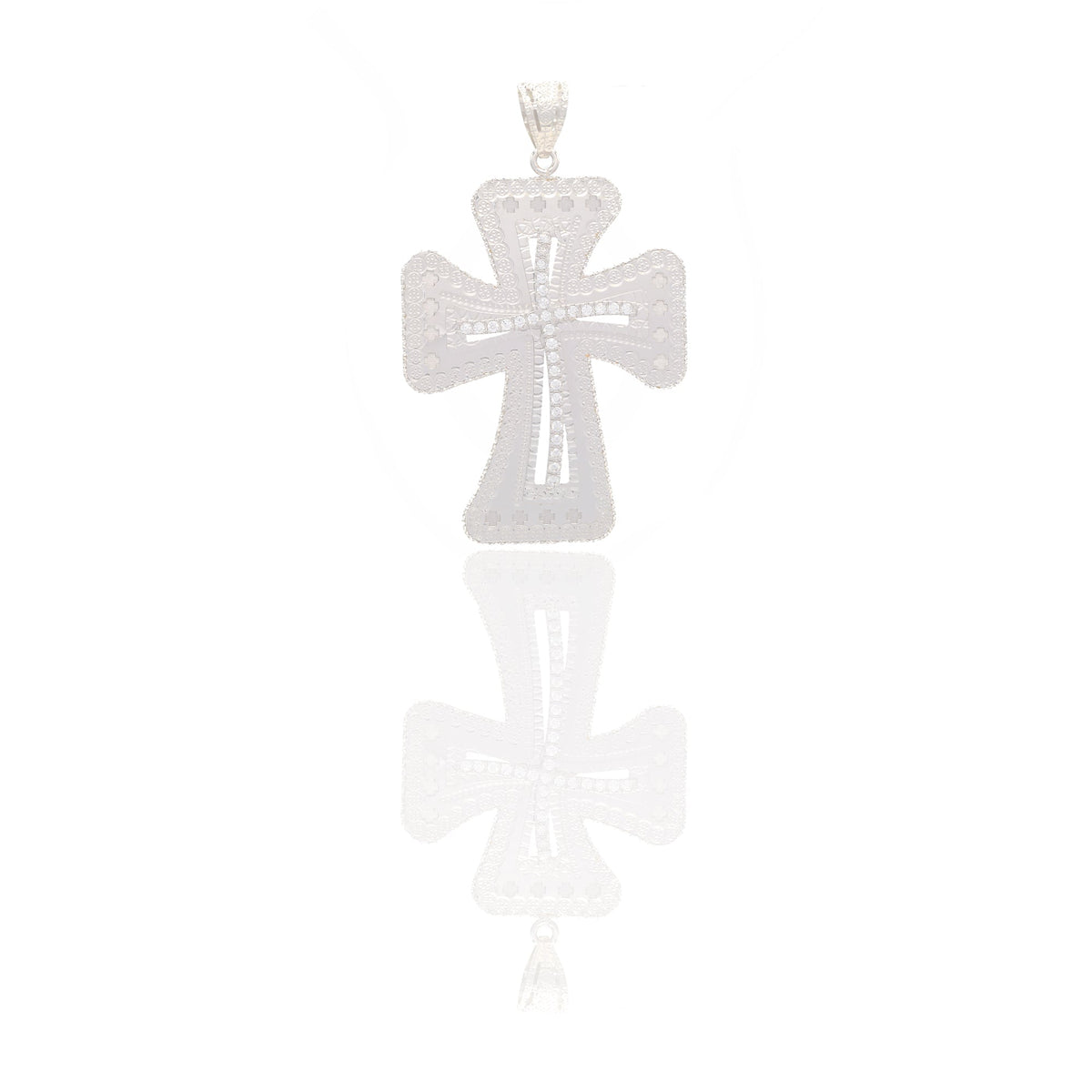 Ciondoli Oro Bianco Oro 18 carati Croce lavorata Zirconi Bianchi 5,3cm x 3,4cm