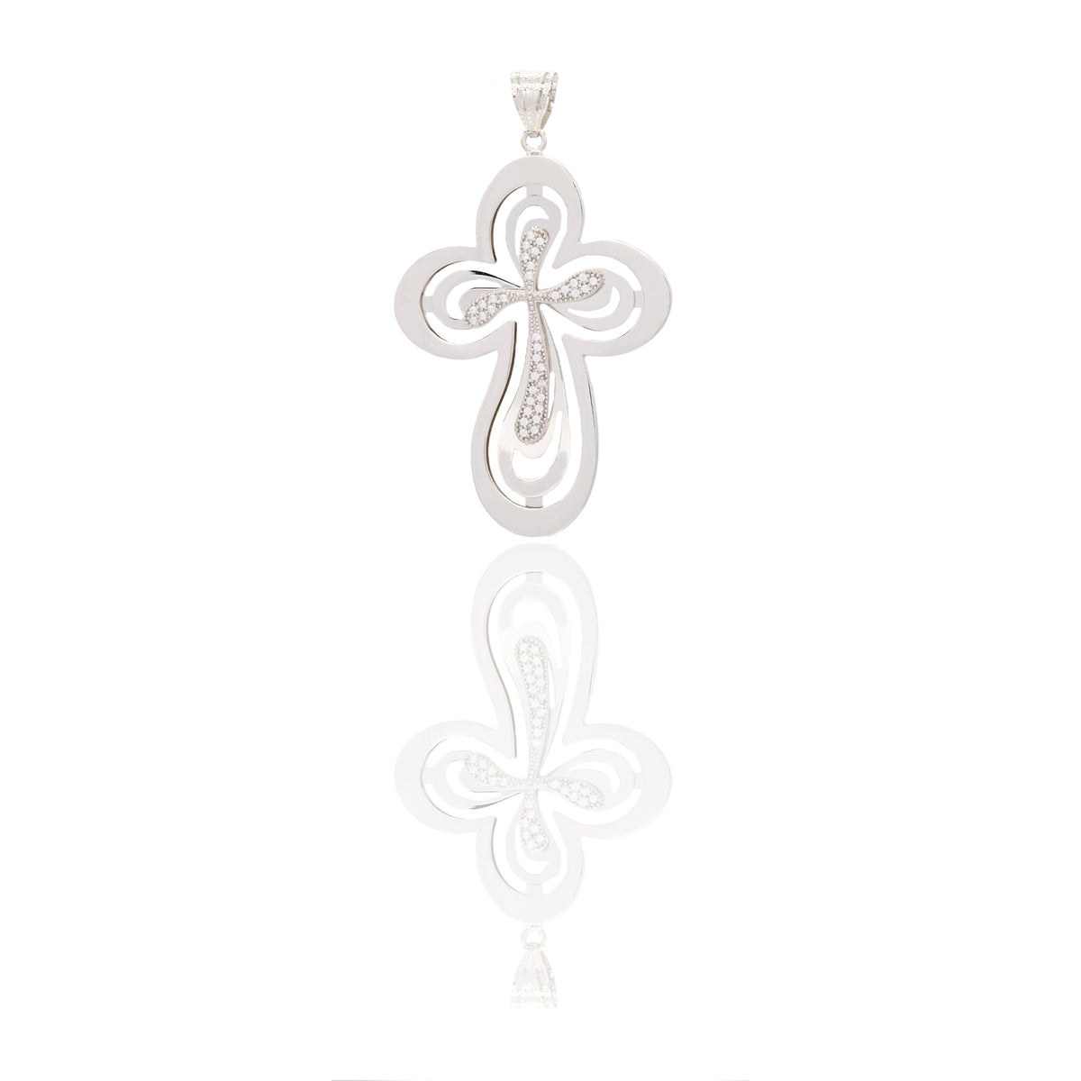 Ciondoli Oro Bianco Oro 18 carati Croce lucida e traforata Zirconi Bianchi 7,3cm x 4cm