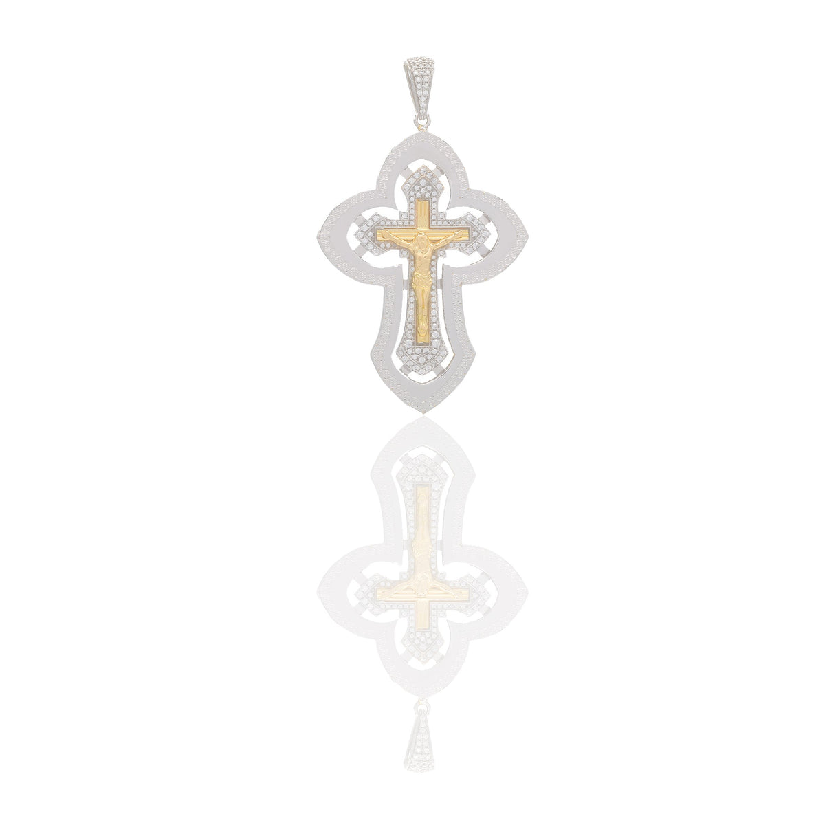 Ciondoli Oro Giallo Oro Bianco Oro 18 carati Croce con cristo lucida e traforata Zirconi Bianchi 6,5cm x 4,5cm