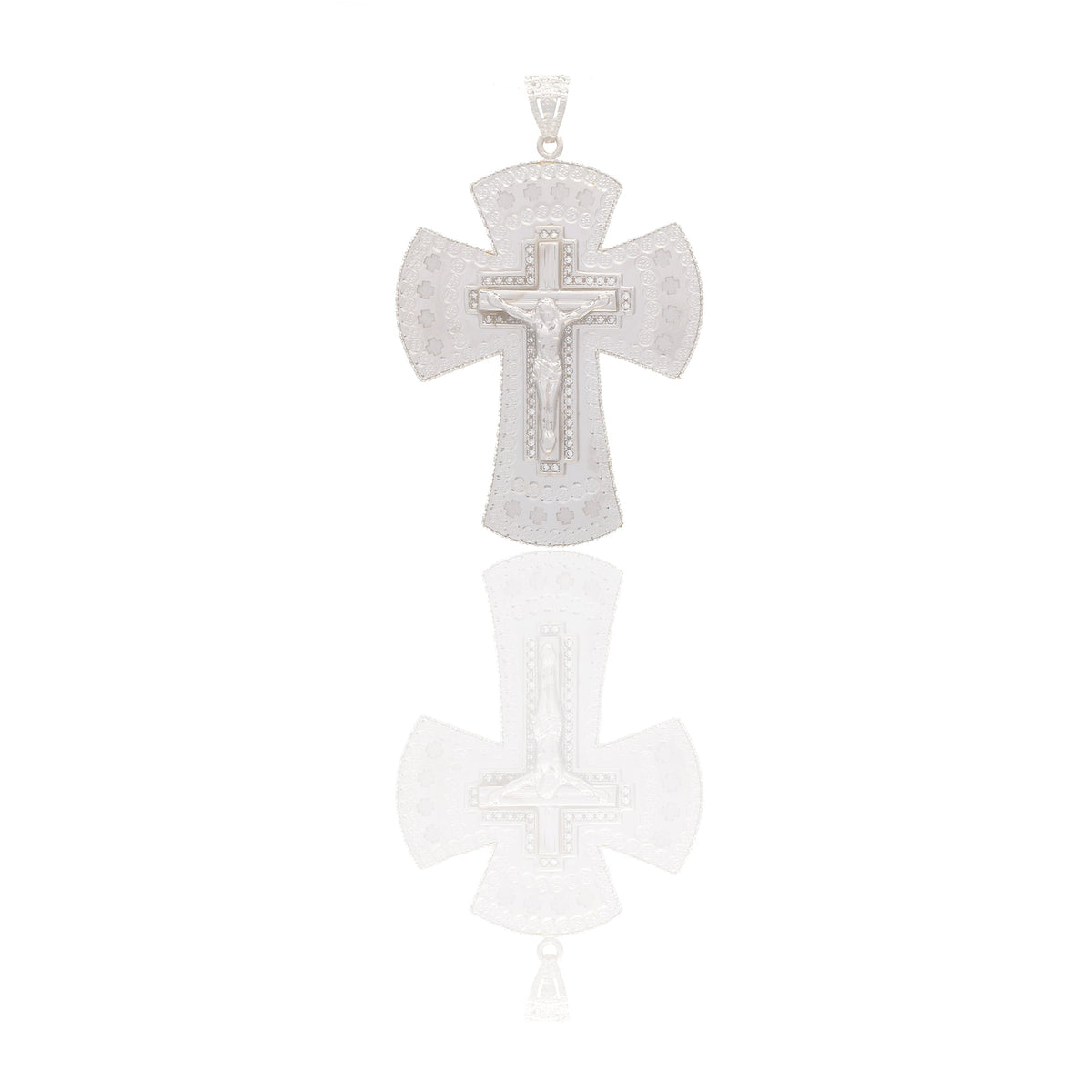 Ciondoli Oro Bianco Oro 18 carati Croce con cristo lucida e diamantata Zirconi Bianchi 6,5cm x 4,5cm