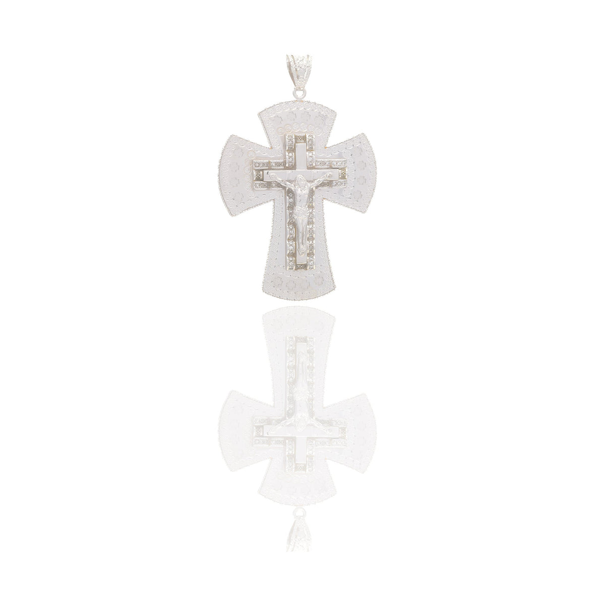 Ciondoli Oro Bianco Oro 18 carati Croce con cristo lucida e diamantata Zirconi Bianchi 5,7cm x 3cm