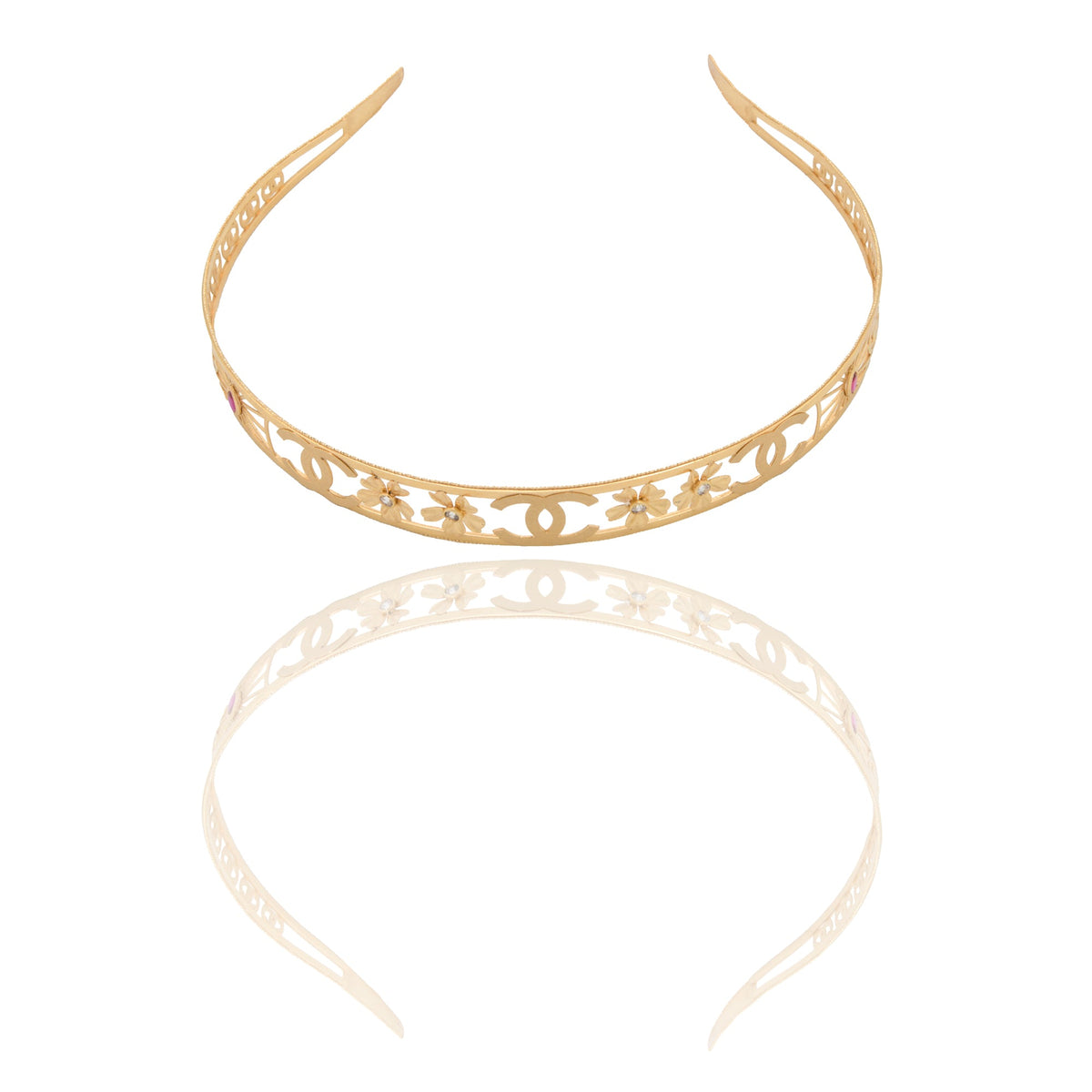 Collana Oro Giallo Oro 18 carati Frontino traforato con fiori Zirconi Rossi spessore cm.17